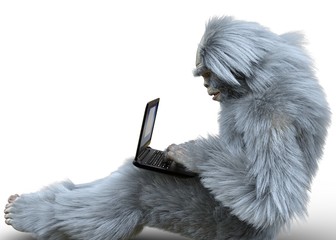 Yeti with laptop concept 3d illustration isolated on white background - 300102162