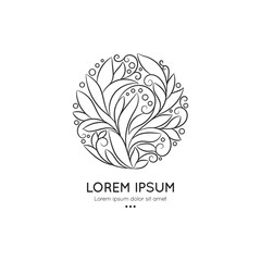 Black logo with a linear leaf ornament in a circle shape. Can be used as monogram and emblem. Luxury vintage vector template with elegant elements. Great for wallpaper or background decoration.