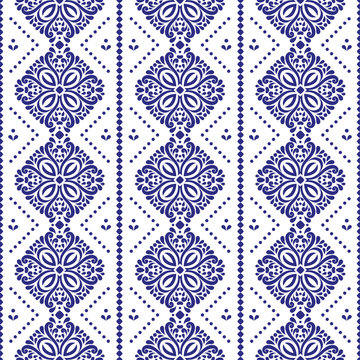 Blue and white floral seamless pattern with ornamental stripes. Traditional oriental motifs. Vintage ornament template. Decorative paisley elements. Great for fabric and textile.