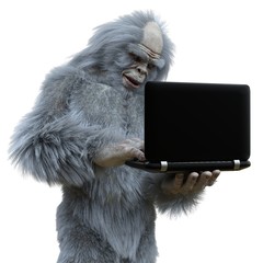Yeti with laptop concept 3d illustration isolated on white background - obrazy, fototapety, plakaty