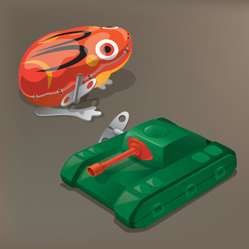 Nostalgic tin-plate toys: Toy tank and toy frog