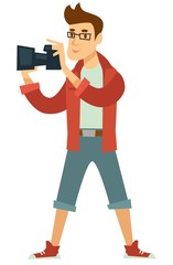 Journalist or photographer profession photocorrespondent with photo camera isolated male character