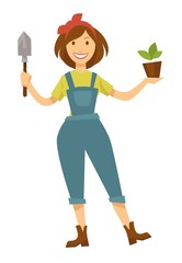 Woman gardener with plant in pot and spade planting and growing