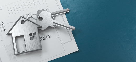 Mortgage, investment, real estate and property concept - close up of house keys. 3d rendering