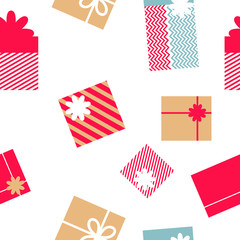 Stock vector illustration with seamless christmas pattern with gifts boxes red and gold patterns. Pattern for merry Christmas and New Year cards, wrapping, wrapping paper, gift boxes, stationery 