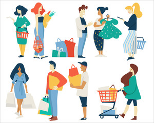 Shopping men and women with bags supermarket basket or cart