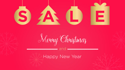 Stock vector illustration with Christmas sale banner. Scribble sale on golden balls, Christmas tree and box on a red background with snowflakes. Template for advertising banner, poster, website screen