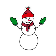 Snowman with a hat, a scarf and gloves. Colorful outline on white background. Picture can be used in christmas and new year greeting cards, posters, flyers, banners, logo etc. Vector illustration
