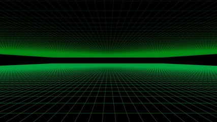 Background with green grids floor and ceiling on black space - 3D rendering illustration