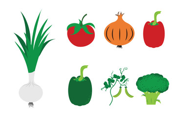 Collection vectors of vegetable on white background. Symbol of onion, tomate, peper, broccoli, pea, vegan, vegetarian, food, fresh, logo, sign.