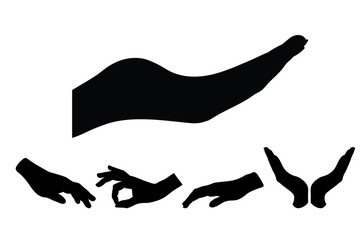 Collection vectors of hands on white background. Symbol of palm, people, finger, hold, show, logo, sign, silhouette.