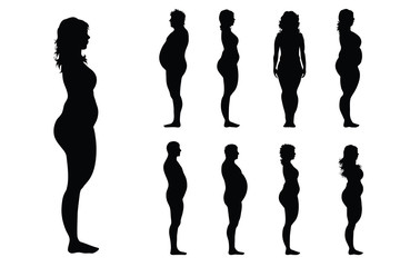 Vector silhouette of fat men and woman on white background. Symbol of girl, boy, obese, unhealthy, naked, logo.