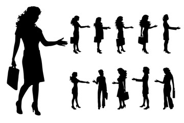 Vector silhouette of businesswoman on white background. Symbol of work, manger, job, woman, worker, illustration, walk, call, phone.