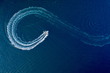 Motorboat on the lake aerial view