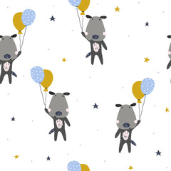 Seamless pattern with dog and balloons. Kids party print. Vector hand drawn illustration.
