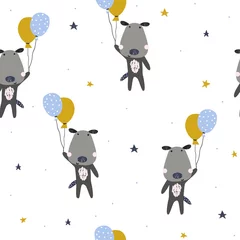 Foto op Plexiglas Dieren met ballon Naadloze patroon met hond en ballonnen. Kinderfeestje afdrukken. Vector hand getekende illustratie.