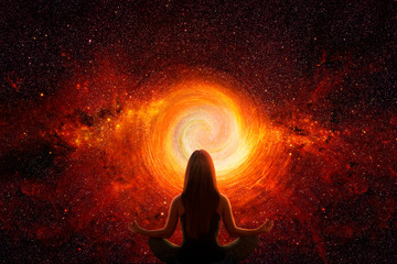 Woman in yoga poses in universe