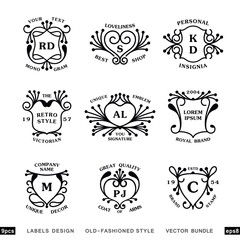 Set of linear vintage heraldry designs. Bundle of nine monograms template. Vector labels