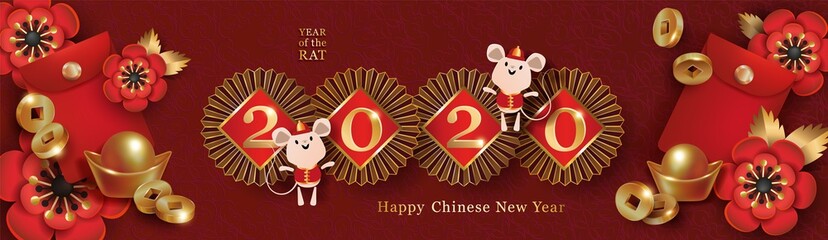 Fototapeta premium 2020 Chinese New Year Rat zodiac sign. Red and golden festive banner with rat, decorative peonies, red envelope for money yuanbao, gold falling coins. Horizontal long background, vector illustration