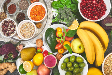 Selection of Best High Alkaline Foods. Vegan, alkaline diet concept. Free for trext. Top view..