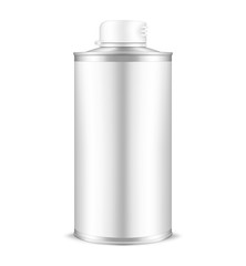 Tin can with plastic cap and blank label, realistic mockup. Metal cylindrical bottle for liquid products, vector mock-up for design
