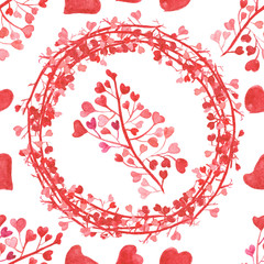 Watercolor hand painted romantic holiday celebration seamless pattern with red and pink hearts circle wreath and branch isolated on the white background for saint Valentine's day cards