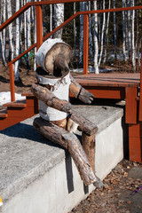 The bear is made out of wood, without