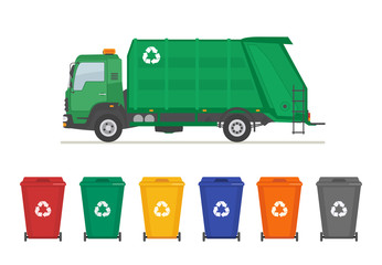 Garbage truck and garbage cans isolated on white background. Ecology and recycle concept. Vector illustration. 