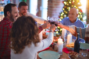 Beautiful family smiling happy and confident. Eating roasted turkey and toasting with cup of wine celebrating Christmas at home