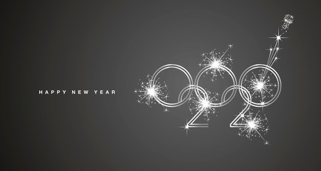 Happy New Year 2020 modern circle line design with sparkle firework silver white black greeting card