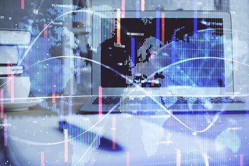 Multi exposure of business theme icons and table with computer background. Concept of success.