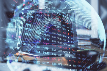 Multi exposure of business theme icons and table with computer background. Concept of success.