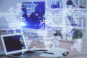 Multi exposure of business theme icons and table with computer background. Concept of success.