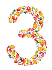 Autumn number three. Bright leaves and berries painted with watercolor.