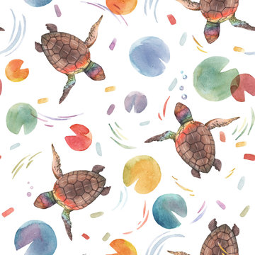 Watercolor rainbow small baby turtles colourful seamless pattern