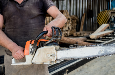 Woodcutter cutting tree with chainsaw on sawmill. Modern sawmill. Industry sawing boards from logs.