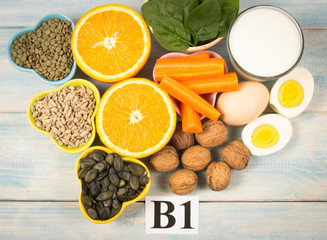 Ingredients containing vitamins B1 (thiamine). Healthy eating concept.