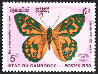 Tropical butterfly on a cambodian postage stamp