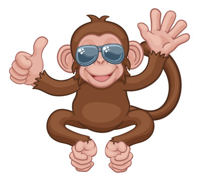 A monkey cool cute happy cartoon character animal wearing sunglasses waving and giving a thumbs up