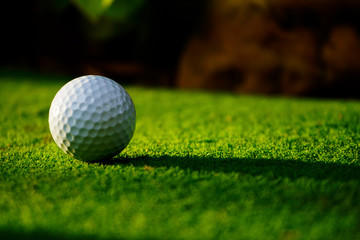 Golf ball on green grass in beautiful golf course