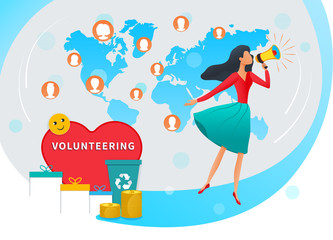 Volunteering and collecting donation vector illustration concept. Young woman with megaphone call for volunteer community support and standing near big red heart. Social care, love and charity