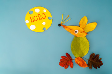 Rat made by a child from autumn leaves. Year of the Rat 2020