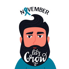 Prostate cancer awareness month. Bearded man with the inscription on the beard Let's Grow it