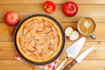 Homemade pie with apple, cinnamon and yogurt topping on wooden table. Top view.