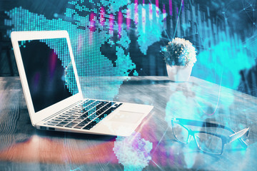 Double exposure of forex chart and work space with computer. Concept of international online trading.