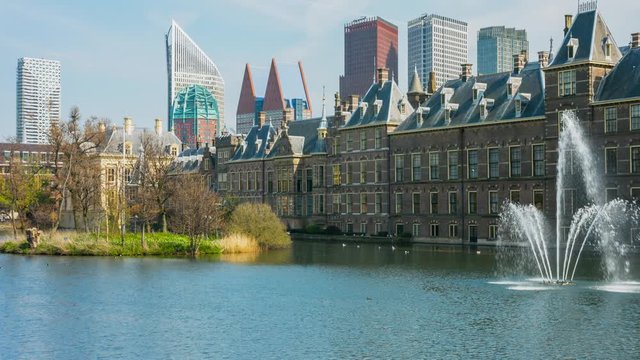 View of the Binnenhof with fountain in pond, The Hague at april, Holland.