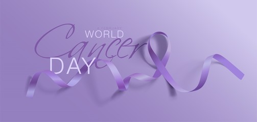 World Cancer Day. Calligraphy Poster Design. Realistic Lavender Ribbon. February 4 th is Cancer Awareness Day. Vector