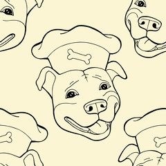 Pit bull Terrier in a chef's cap. Seamless pattern, digital paper Vector illustration. Vector logo pure-bred