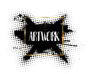 Gold foil frame with grunge. Isolated art splashes element. Gold thin glitter metallic cornice with black background for invitations vector light pastel banner. Vector illustration grunge