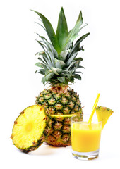 Fresh pineapple juice in glass and round slice isolated on white background